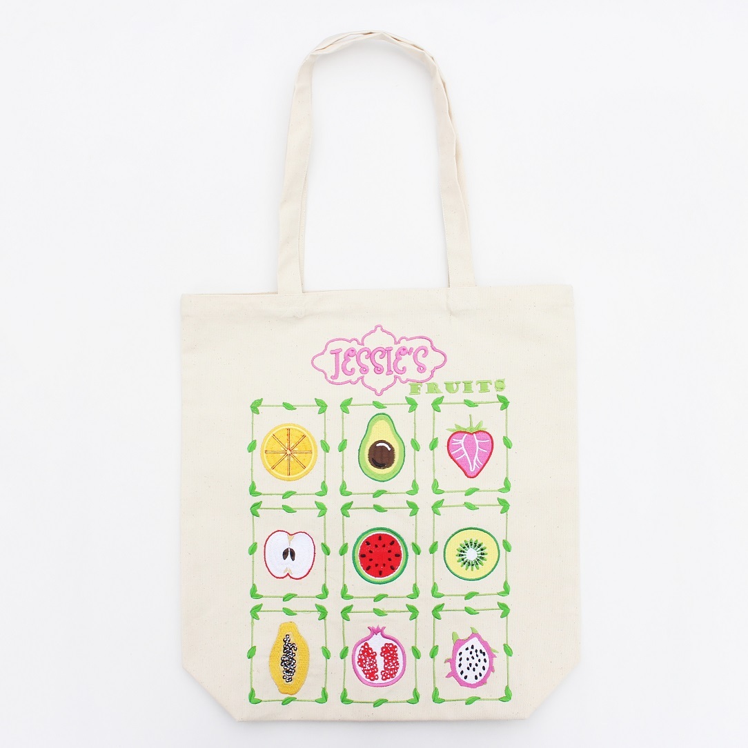 Fruits embroidered cotton canvas tote bag